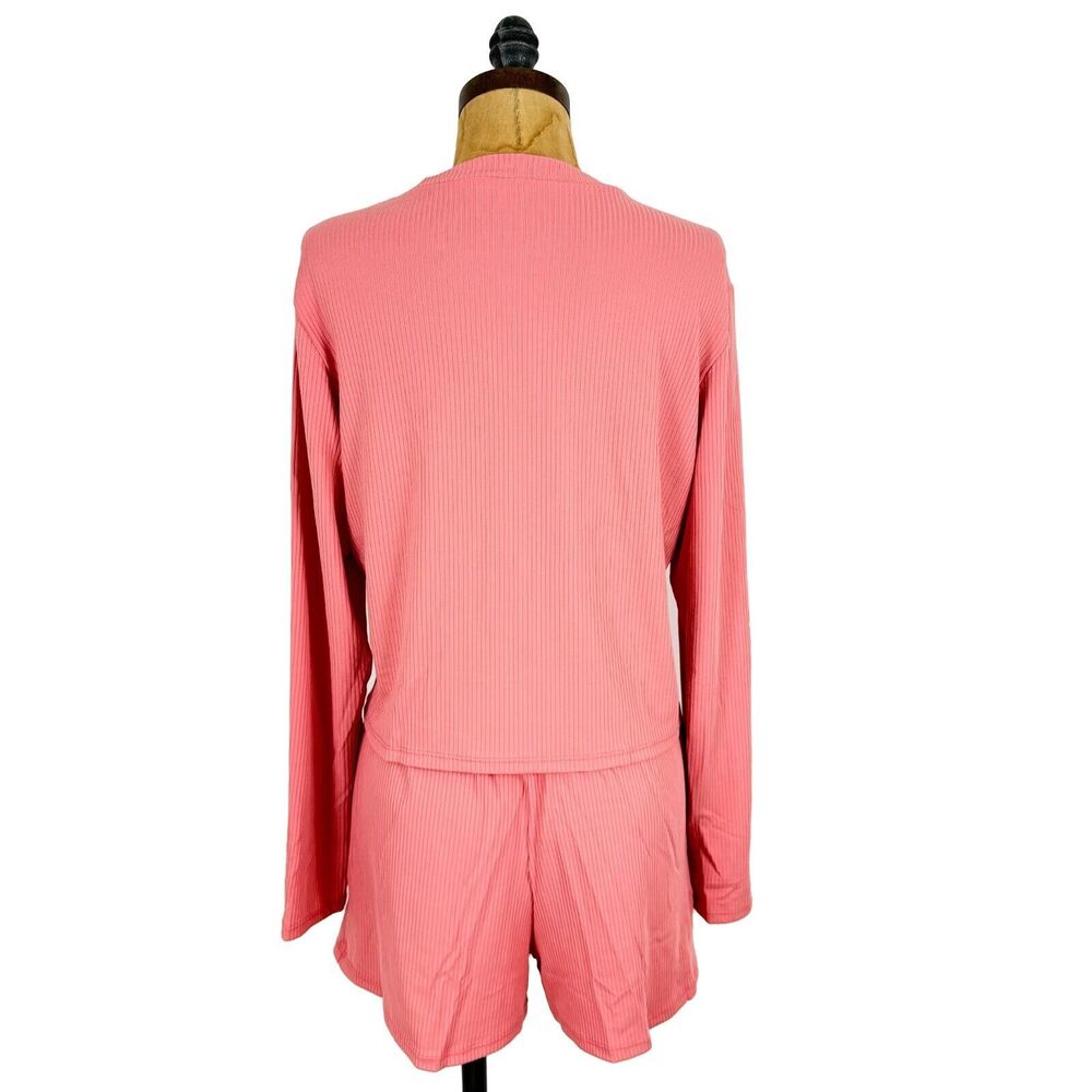 CAPELLA Pajama Loungewear Set L Ribbed Pink Knit Long Sleeve Top / Shorts NWT B3 - Picture 3 of 5